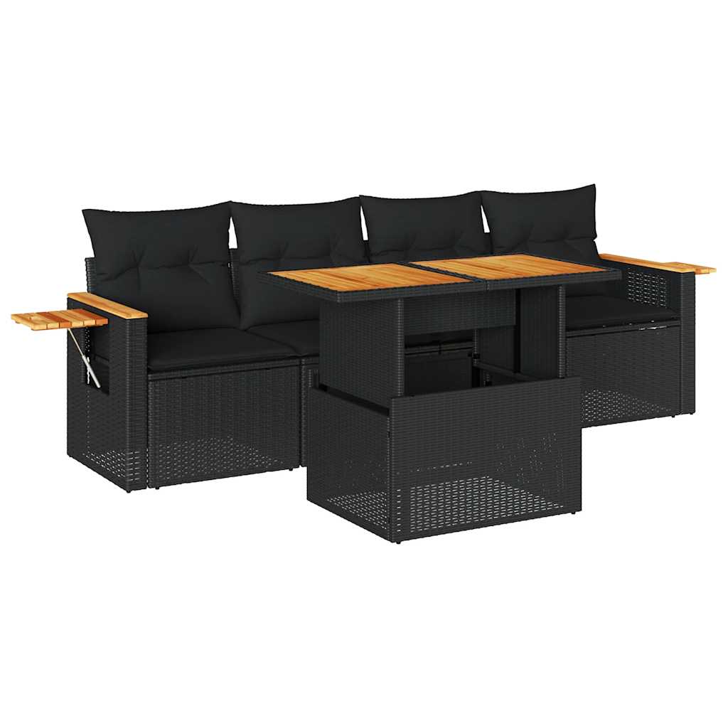 5-delige Loungeset met kussens poly rattan acacia zwart