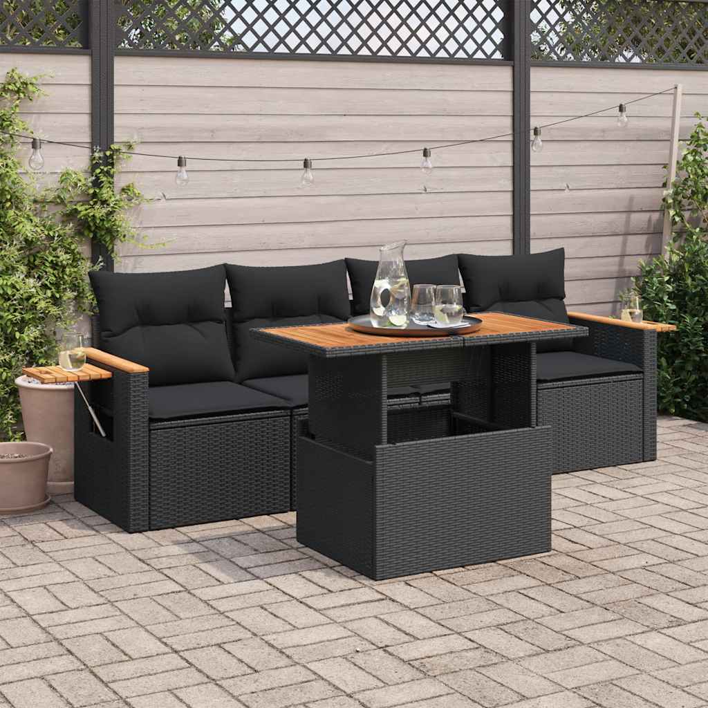 5-delige Loungeset met kussens poly rattan acacia zwart