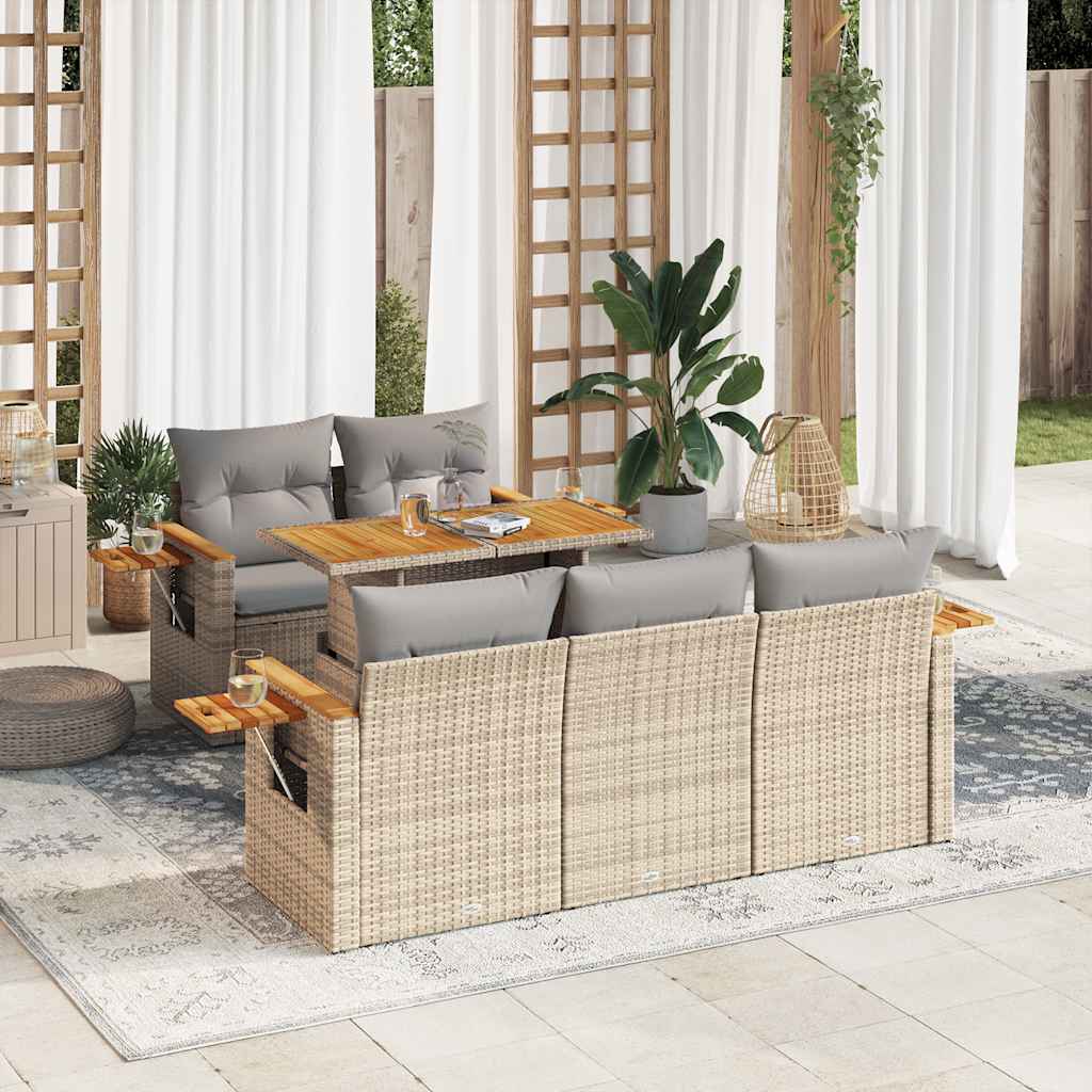 6-delige Loungeset met kussens poly rattan acacia beige