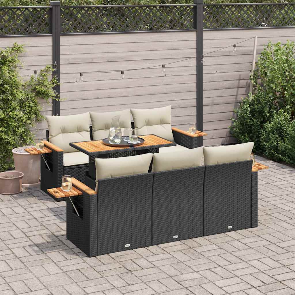 7-delige Loungeset met kussens poly rattan acacia zwart