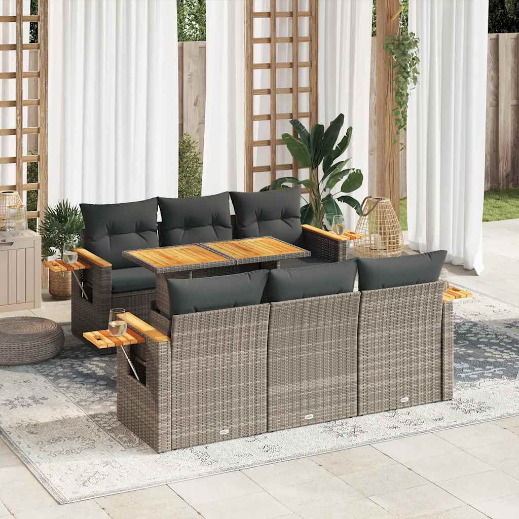 7-delige Loungeset met kussens poly rattan acacia grijs