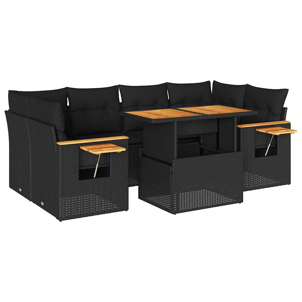 7-delige Loungeset met kussens poly rattan acacia zwart