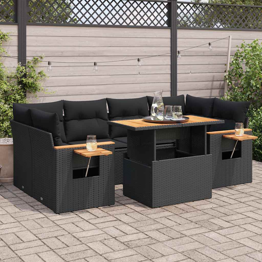 7-delige Loungeset met kussens poly rattan acacia zwart