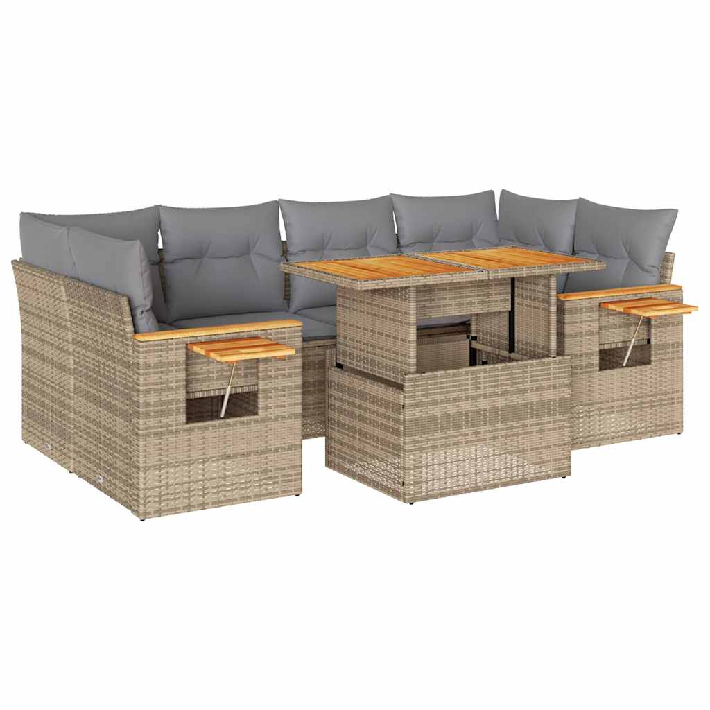 7-delige Loungeset met kussens poly rattan acacia beige