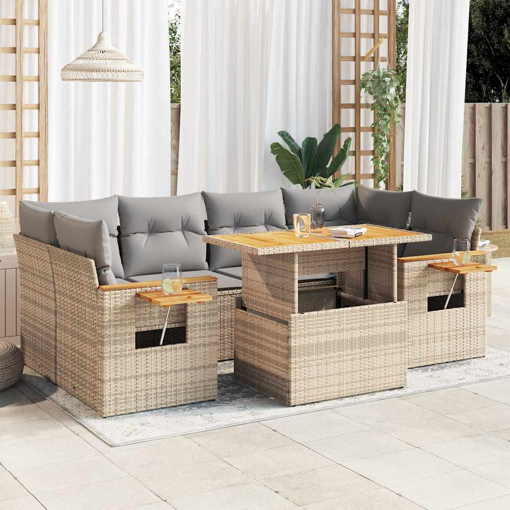 7-delige Loungeset met kussens poly rattan acacia beige