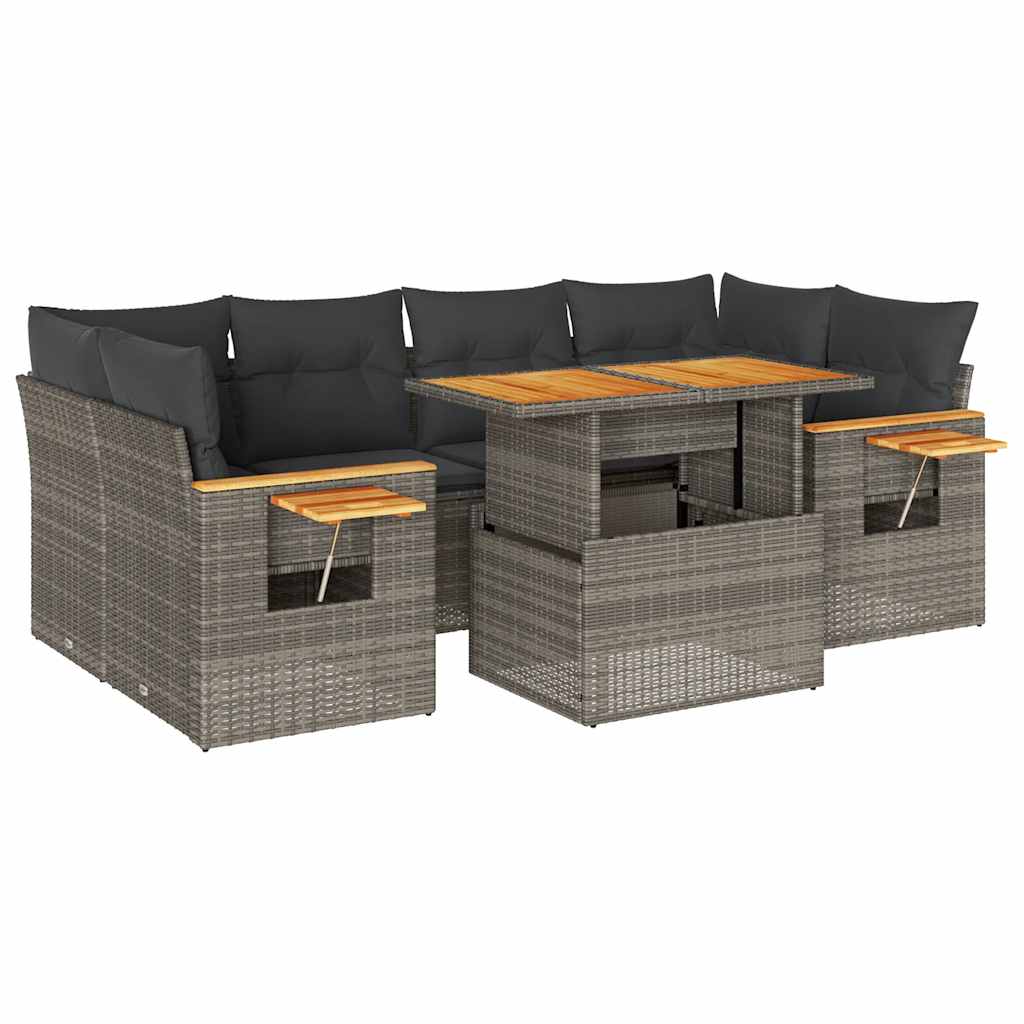 7-delige Loungeset met kussens poly rattan acacia grijs