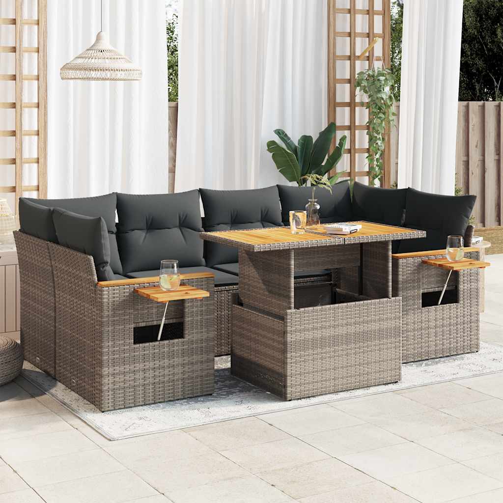 7-delige Loungeset met kussens poly rattan acacia grijs