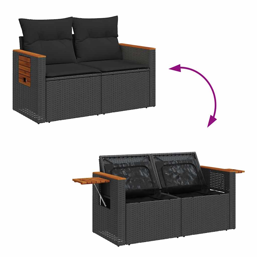 8-delige Loungeset met kussens poly rattan acacia zwart