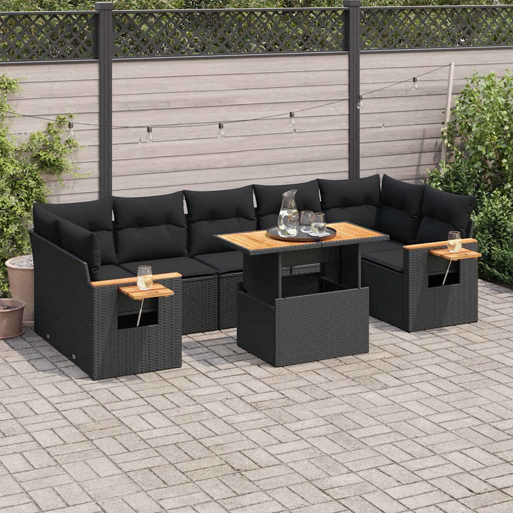 8-delige Loungeset met kussens poly rattan acacia zwart