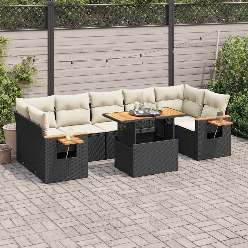 8-delige Loungeset met kussens poly rattan acacia zwart