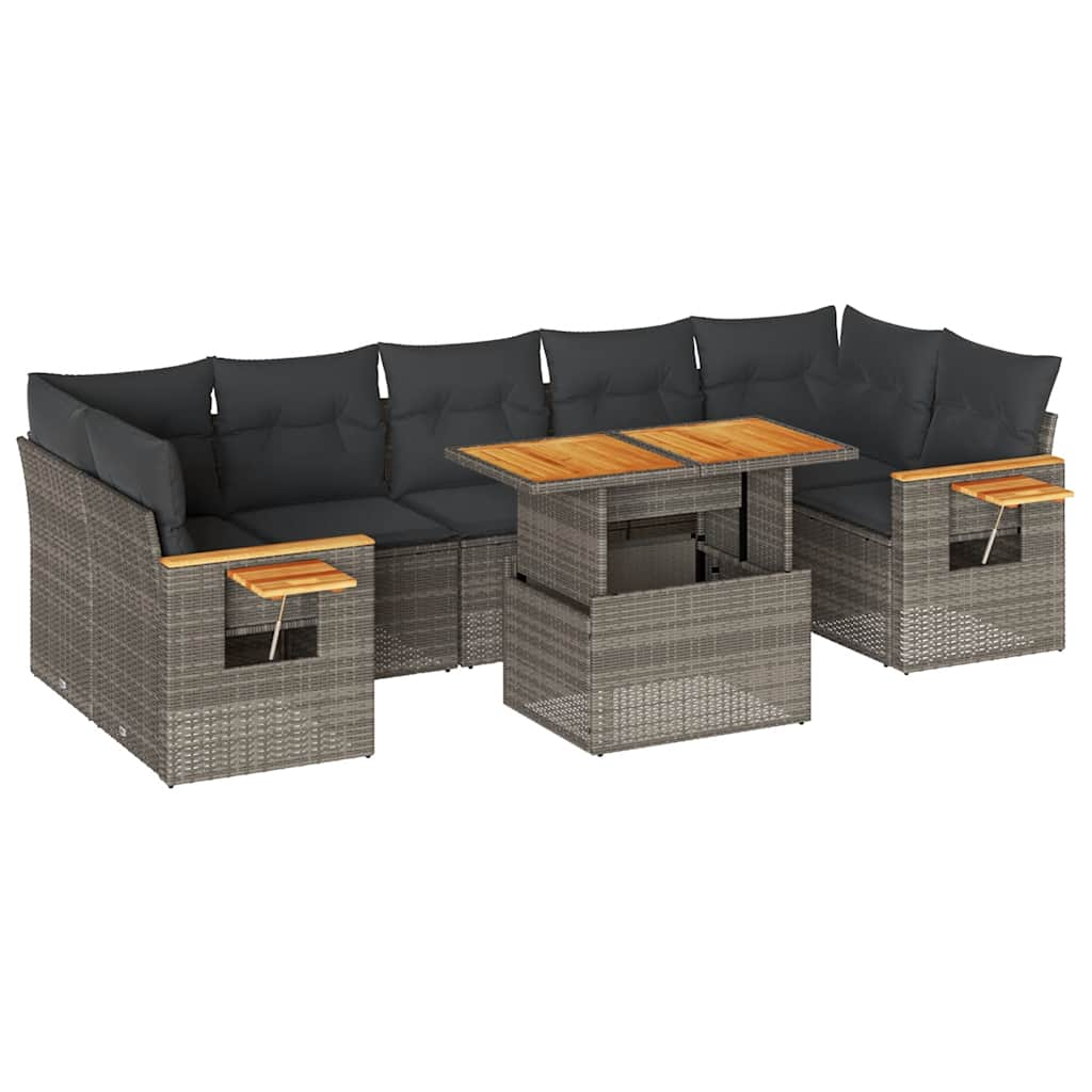 8-delige Loungeset met kussens poly rattan acacia grijs