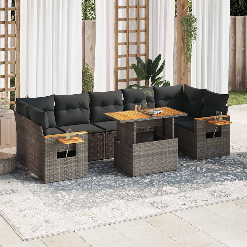 8-delige Loungeset met kussens poly rattan acacia grijs