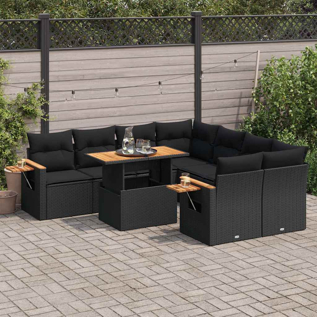 9-delige Loungeset met kussens poly rattan acacia zwart