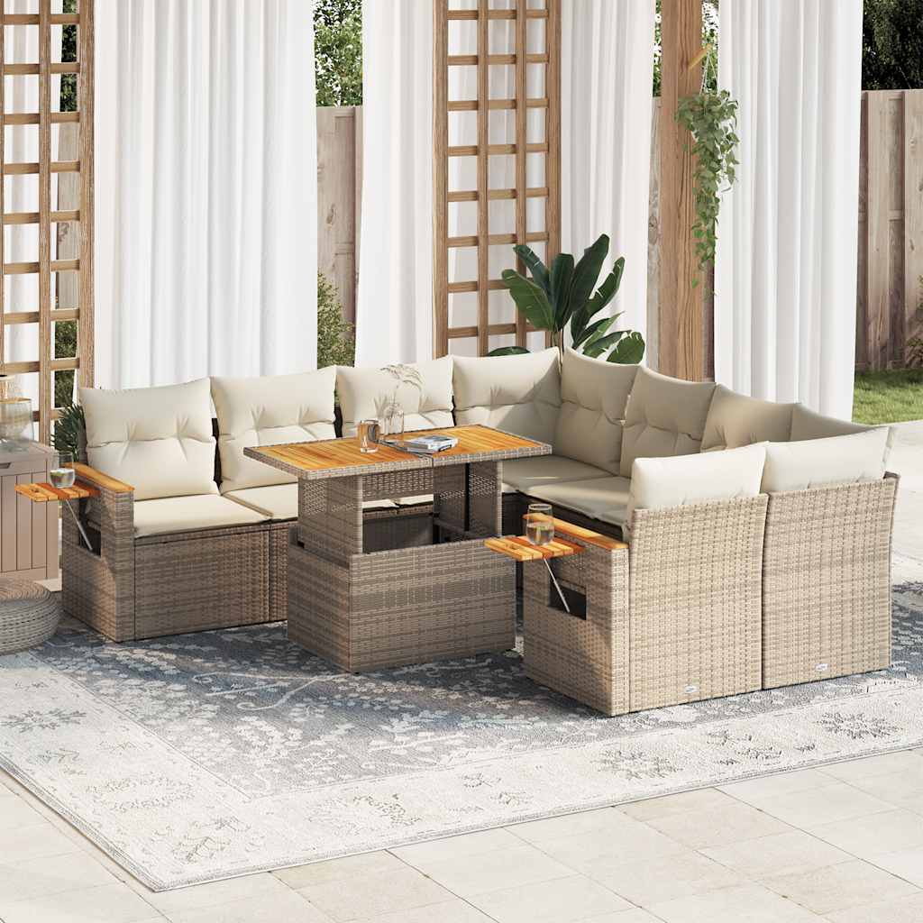 9-delige Loungeset met kussens poly rattan acacia beige