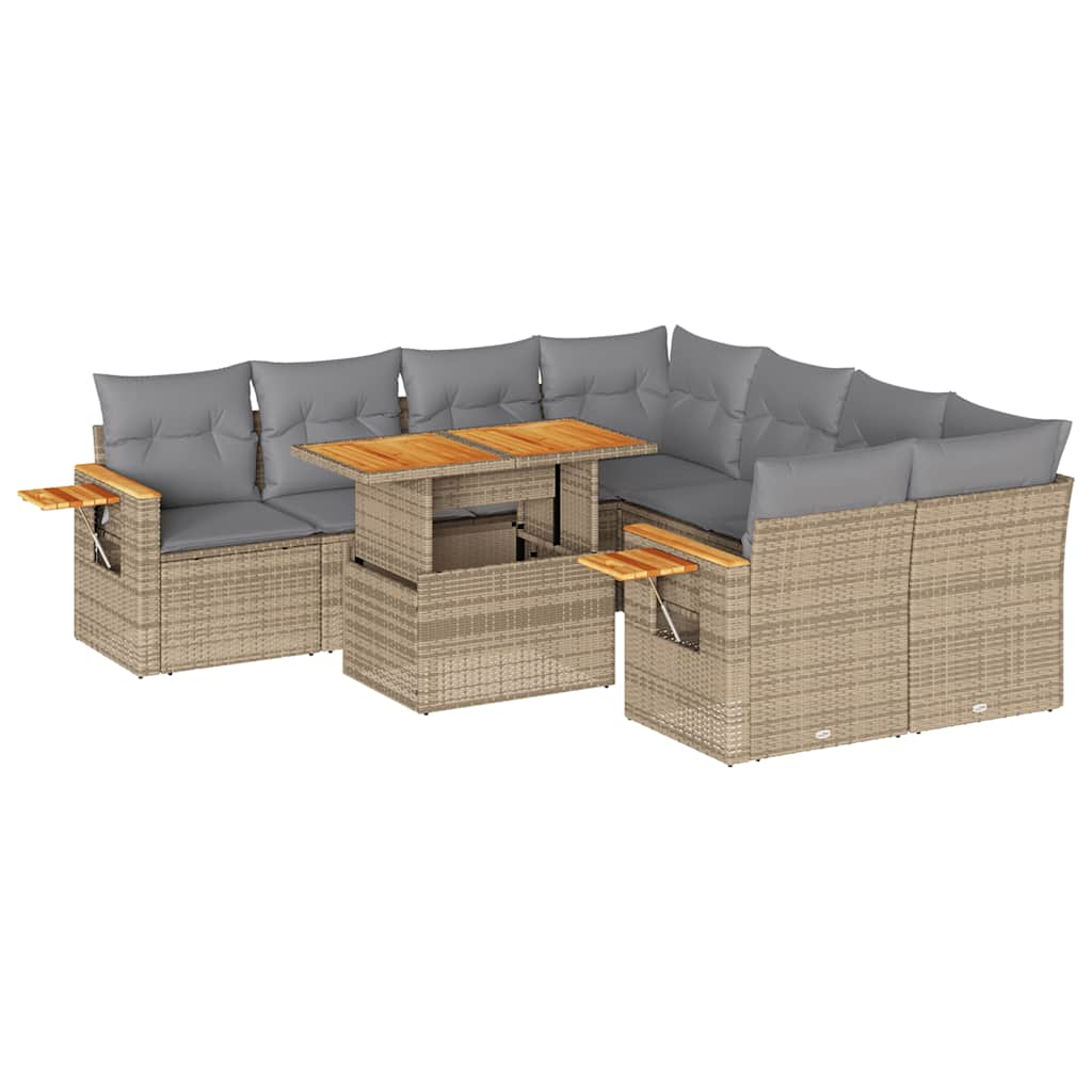 9-delige Loungeset met kussens poly rattan acacia beige