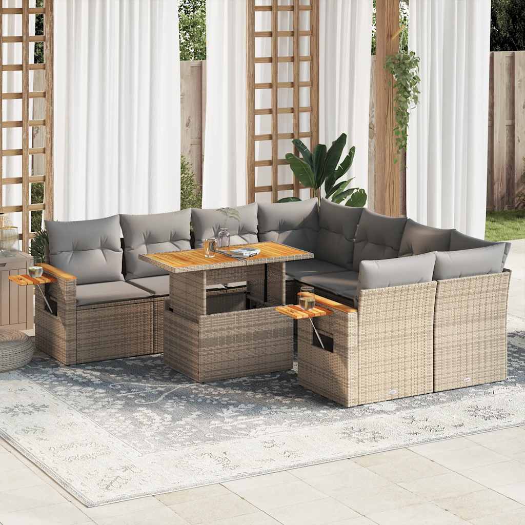 9-delige Loungeset met kussens poly rattan acacia beige