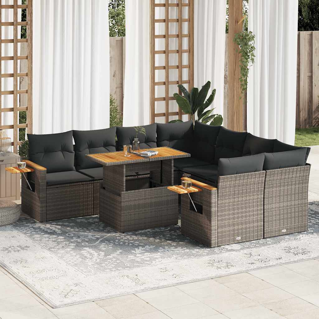 9-delige Loungeset met kussens poly rattan acacia grijs