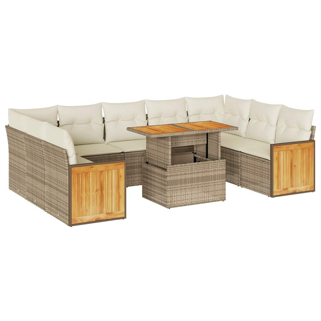 10-delige Loungeset met kussens poly rattan acacia beige