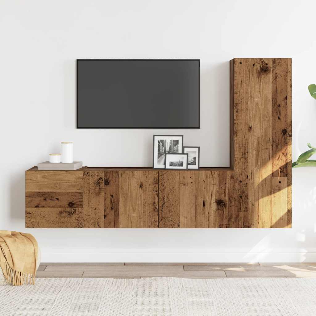 Tv-wandkasten 3 st bewerkt hout oud houtkleurig