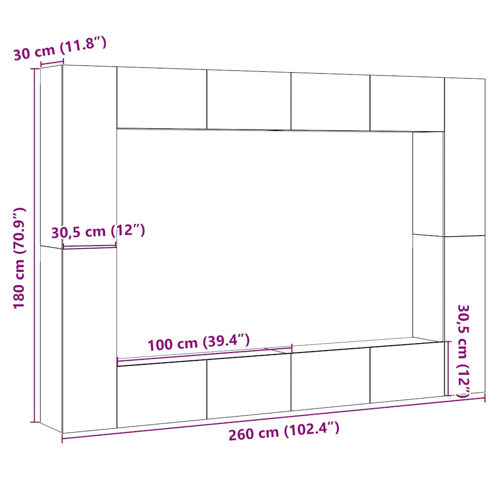 Tv-wandkasten 8 st bewerkt hout oud houtkleurig