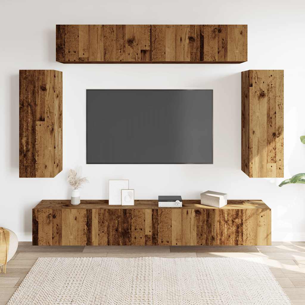 6-delig Tv-meubelset wandmontage bewerkt hout oud houtkleurig