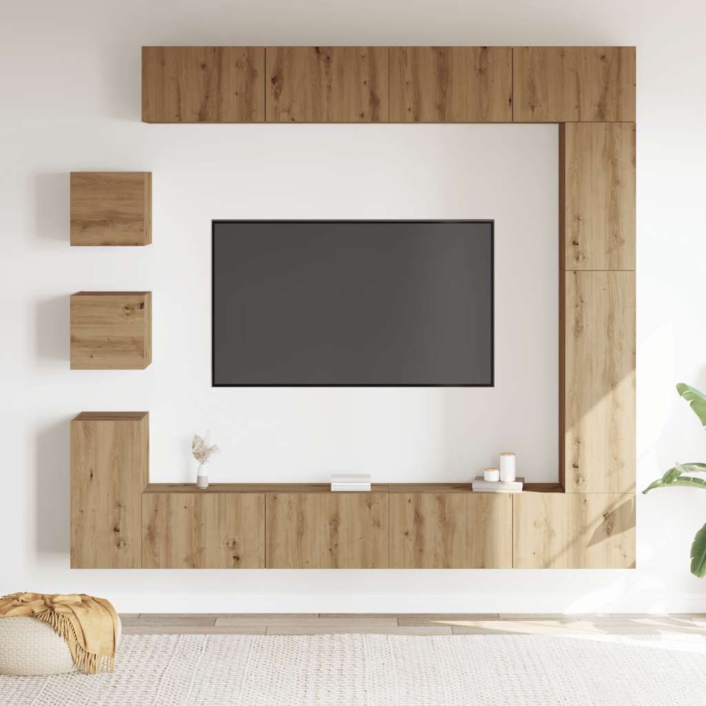 9-delig Tv-meubelset wandmontage bewerkt hout artisanaal eiken