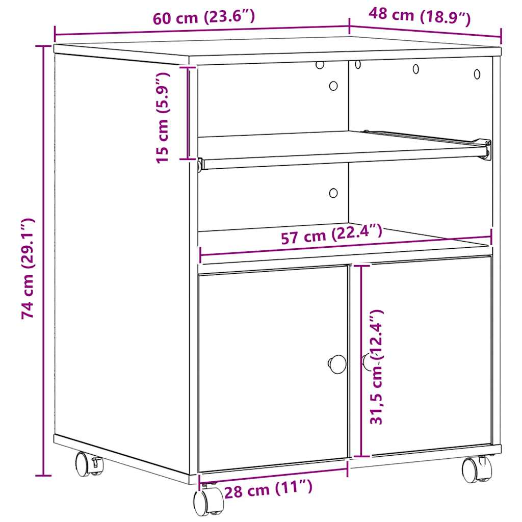 Printerstand met opslag artisanaal eikenkleurig 60 x 48 x 74 cm