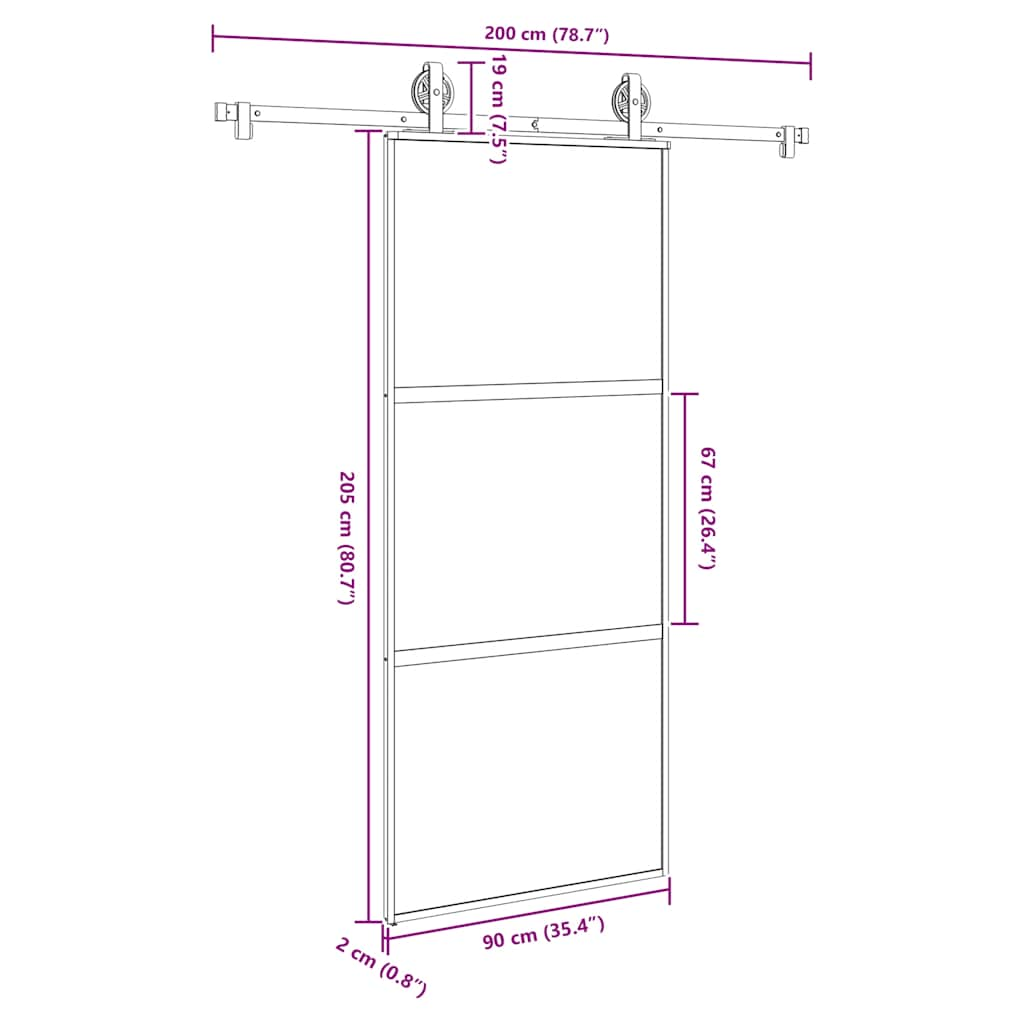 Schuifdeur met beslag 90x205 cm gehard glas en aluminium