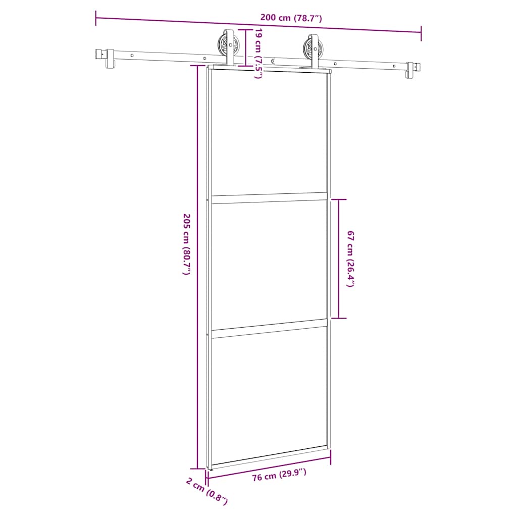 Schuifdeur met beslag 76x205 cm gehard glas en aluminium