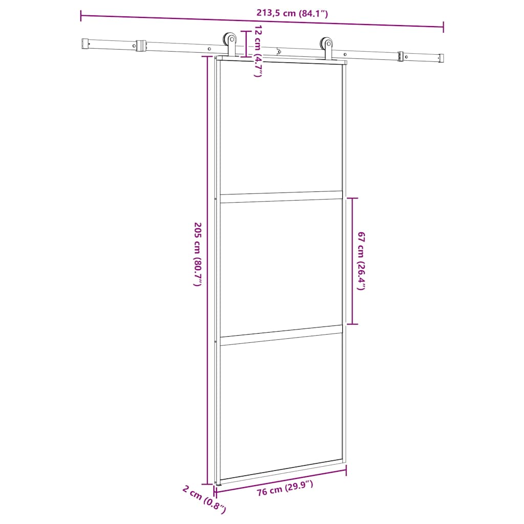 Schuifdeur met beslag 76x205 cm gehard glas en aluminium