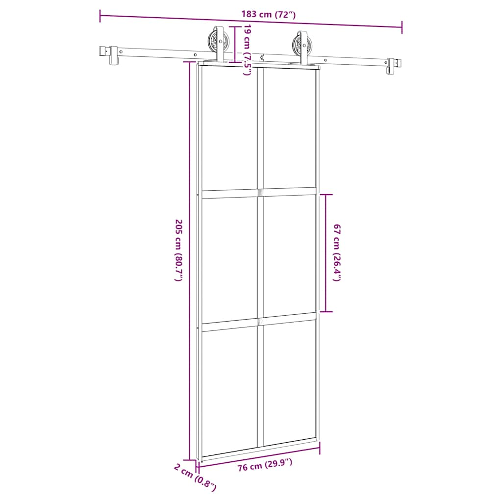 Schuifdeur met beslag 76x205 cm gehard glas en aluminium