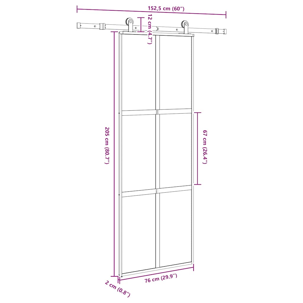 Schuifdeur met beslag 76x205 cm gehard glas en aluminium