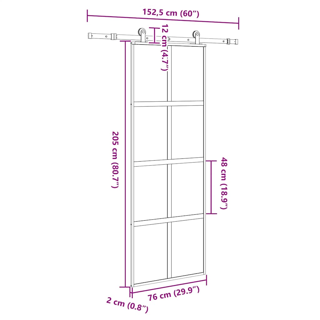 Schuifdeur met beslag 76x205 cm gehard glas en aluminium