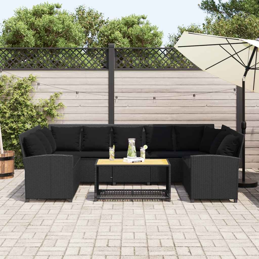 Tuinbank met kussens poly rattan zwart