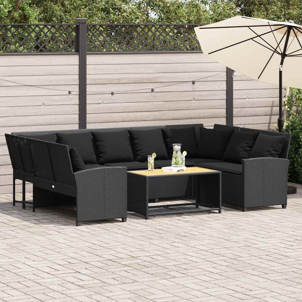 Tuinbank met kussens poly rattan zwart