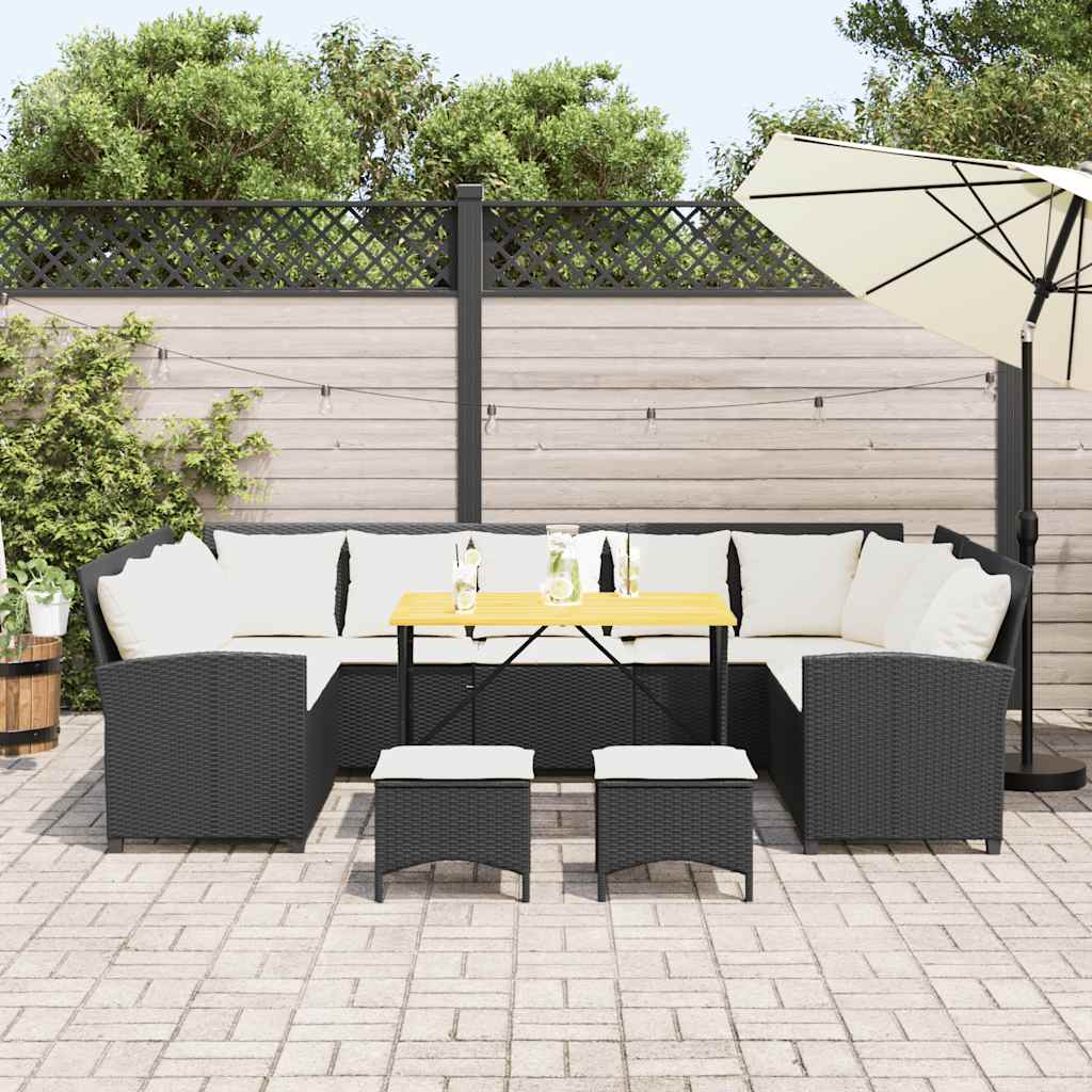 4-delige Loungeset met kussens poly rattan zwart