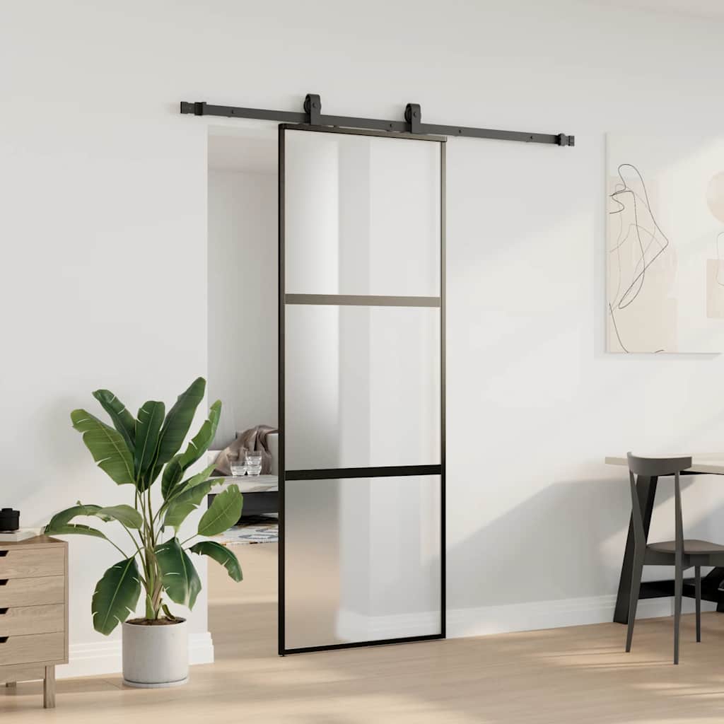Schuifdeur met beslagset 76x205 cm gehard glas zwart