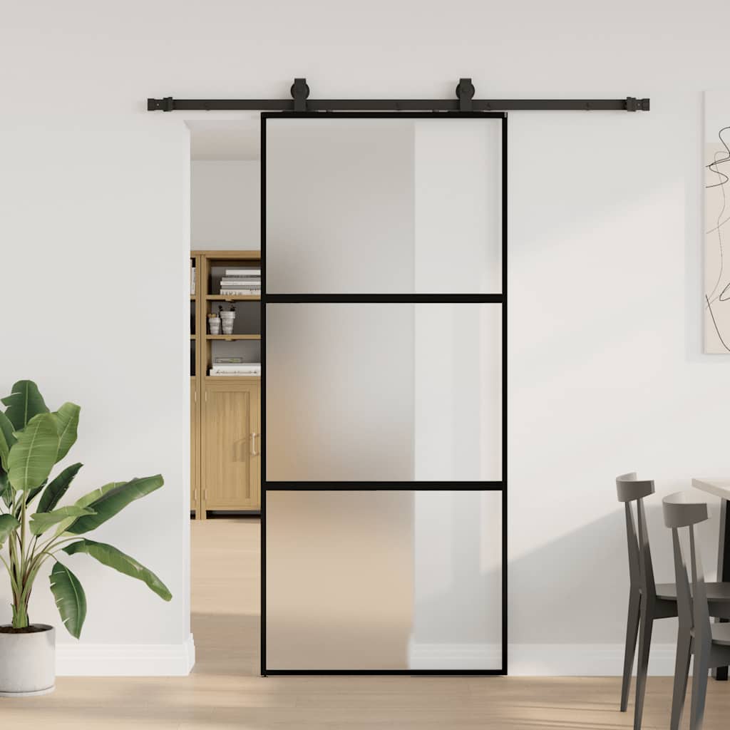 Schuifdeur met beslagset 90x205 cm gehard glas zwart