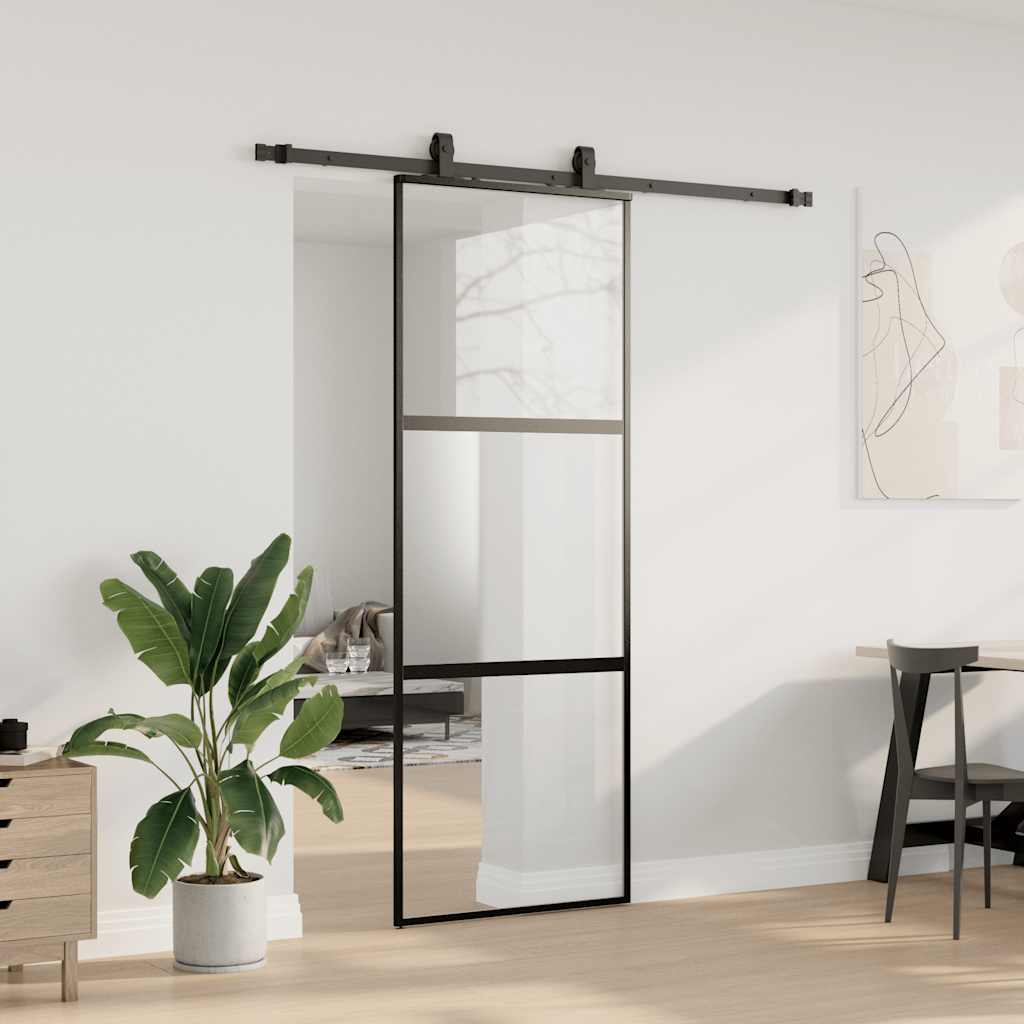 Schuifdeur met beslagset 76x205 cm gehard glas zwart