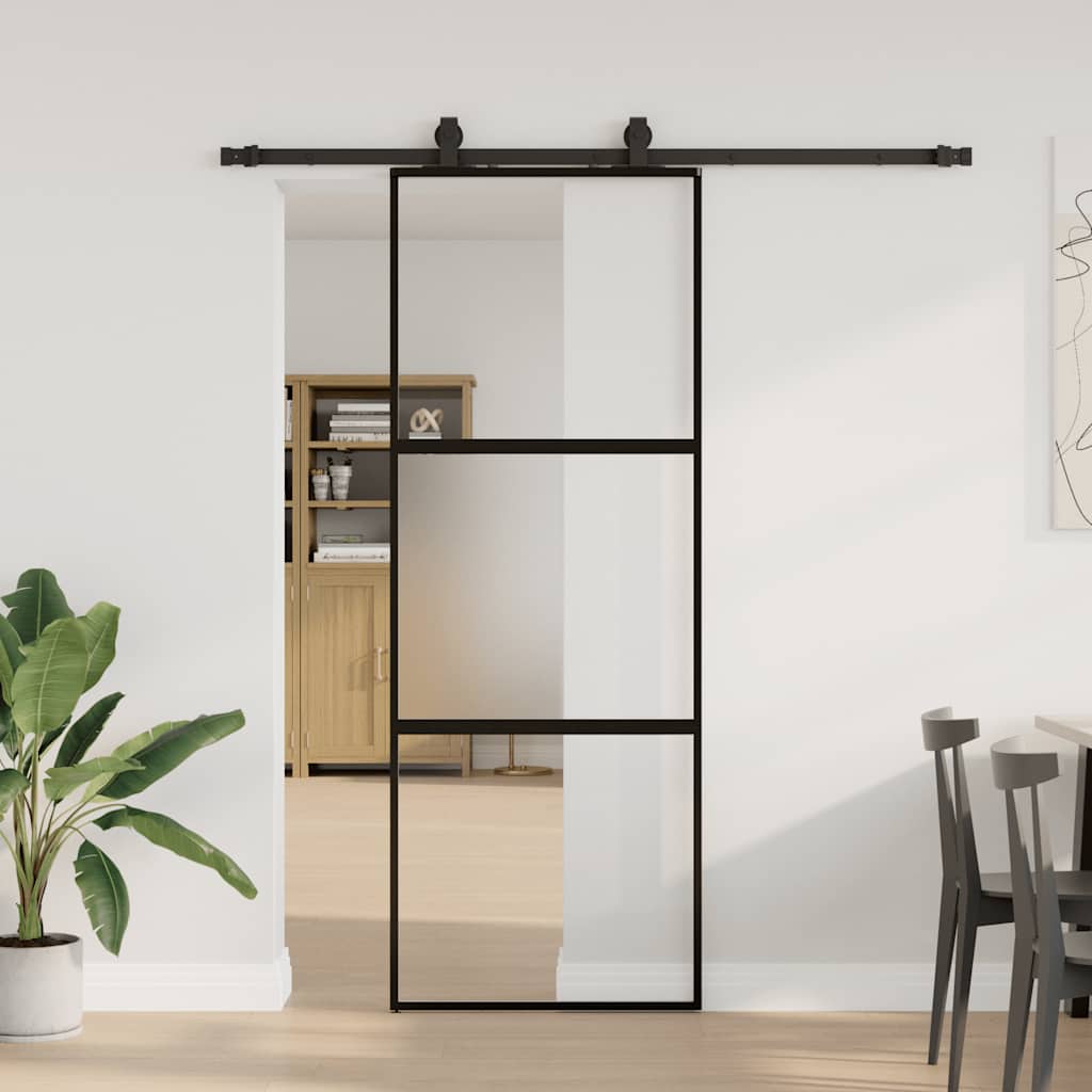 Schuifdeur met beslagset 76x205 cm gehard glas zwart