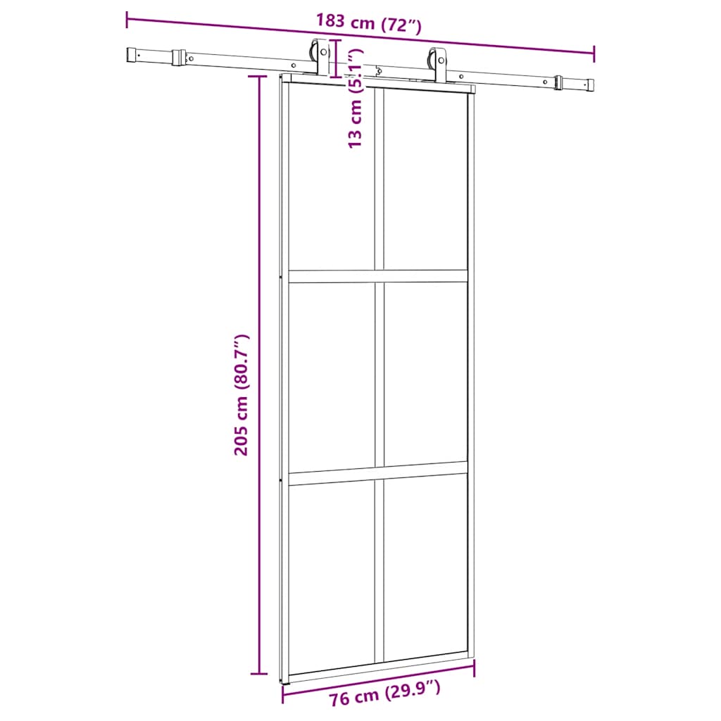 Schuifdeur met beslagset 76x205 cm gehard glas zwart