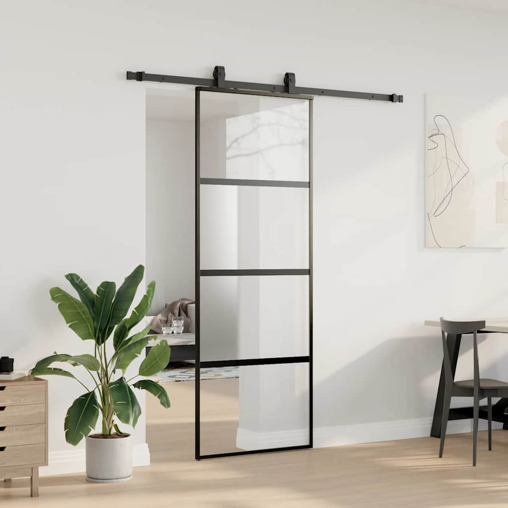 Schuifdeur met beslagset 76x205 cm gehard glas zwart