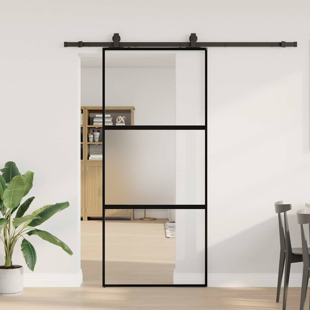 Schuifdeur met beslagset 90x205 cm gehard glas zwart
