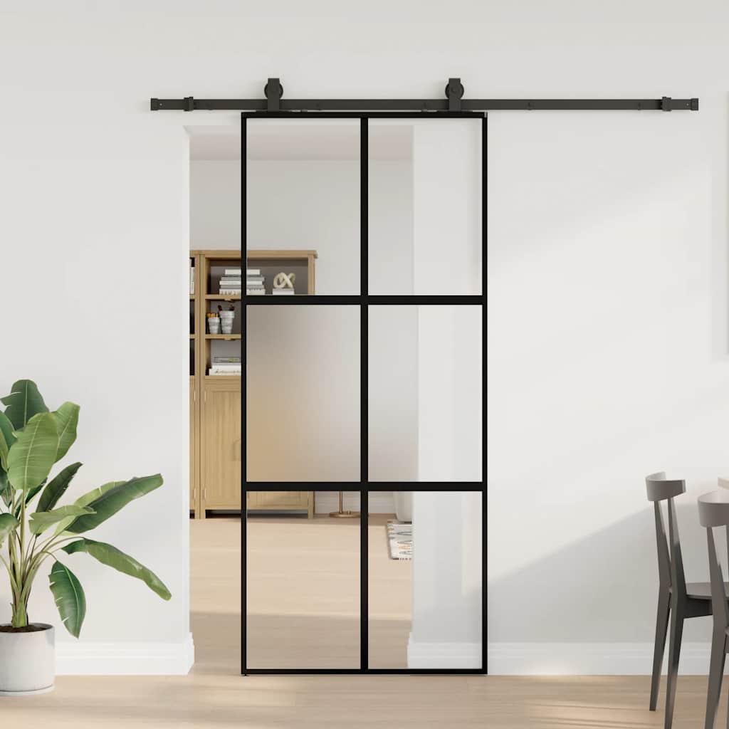 Schuifdeur met beslagset 90x205 cm gehard glas zwart