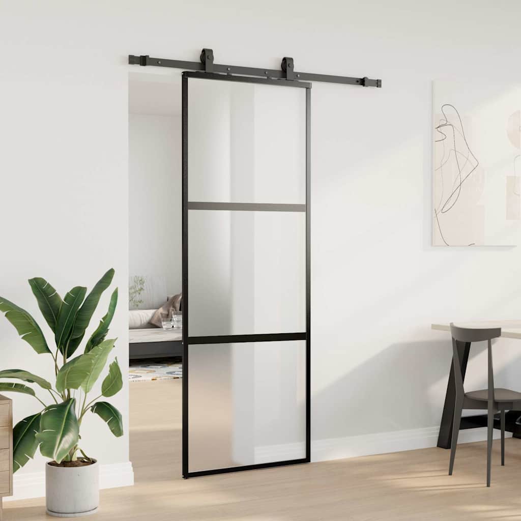 Schuifdeur met beslagset 76x205 cm gehard glas zwart
