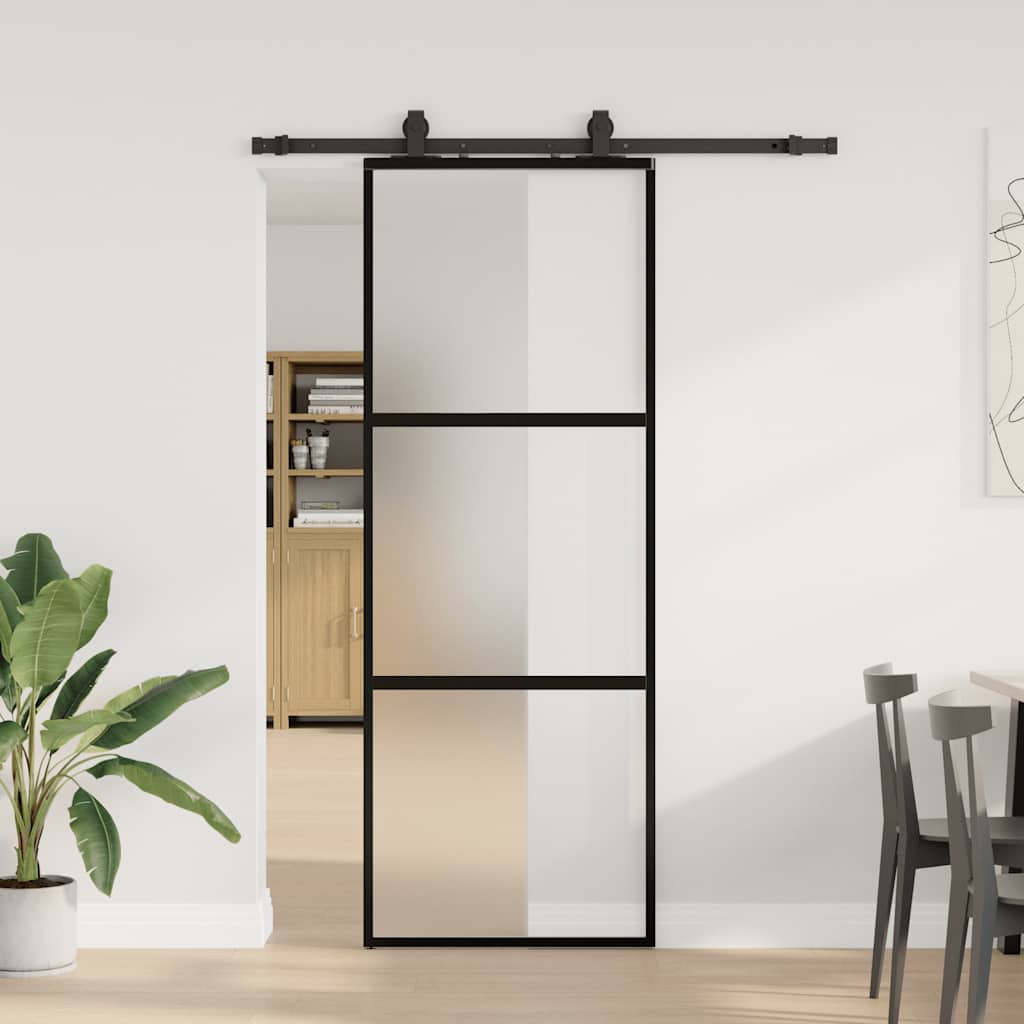 Schuifdeur met beslagset 76x205 cm gehard glas zwart