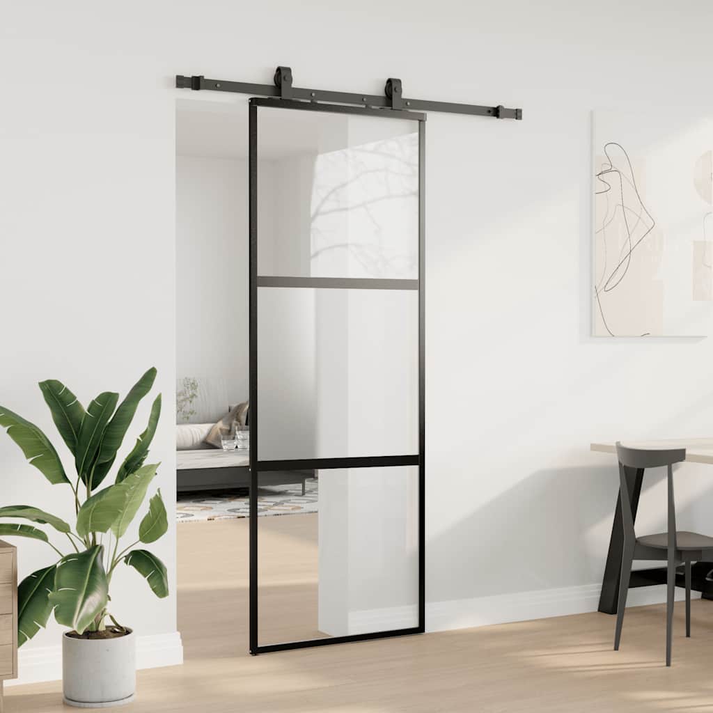 Schuifdeur met beslagset 76x205 cm gehard glas zwart
