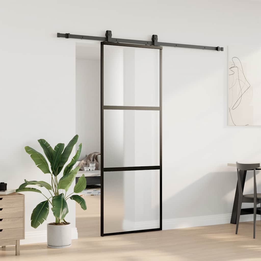 Schuifdeur met beslagset 76x205 cm gehard glas zwart