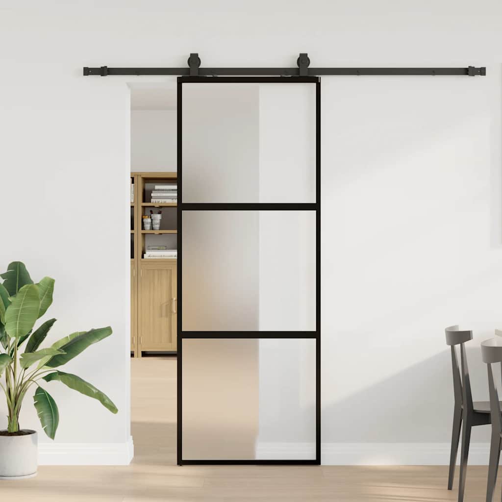 Schuifdeur met beslagset 76x205 cm gehard glas zwart