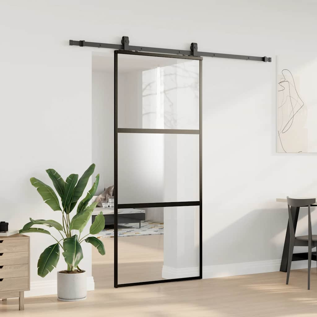 Schuifdeur met beslagset 90x205 cm gehard glas zwart